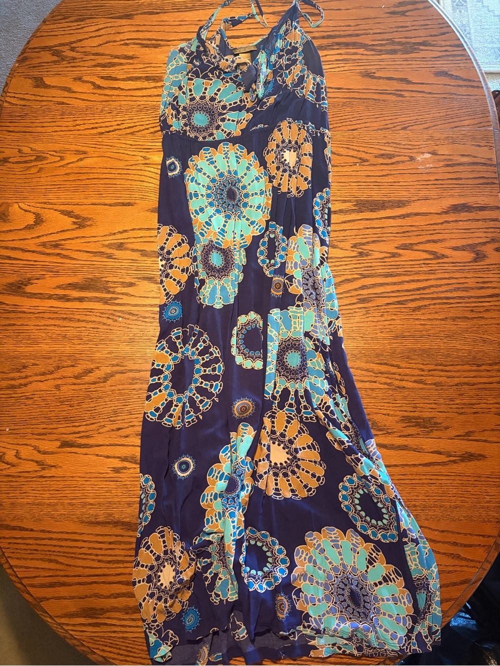 Miss Tina Navy Maxi Skirt with Turquoise and Tan Medallions
